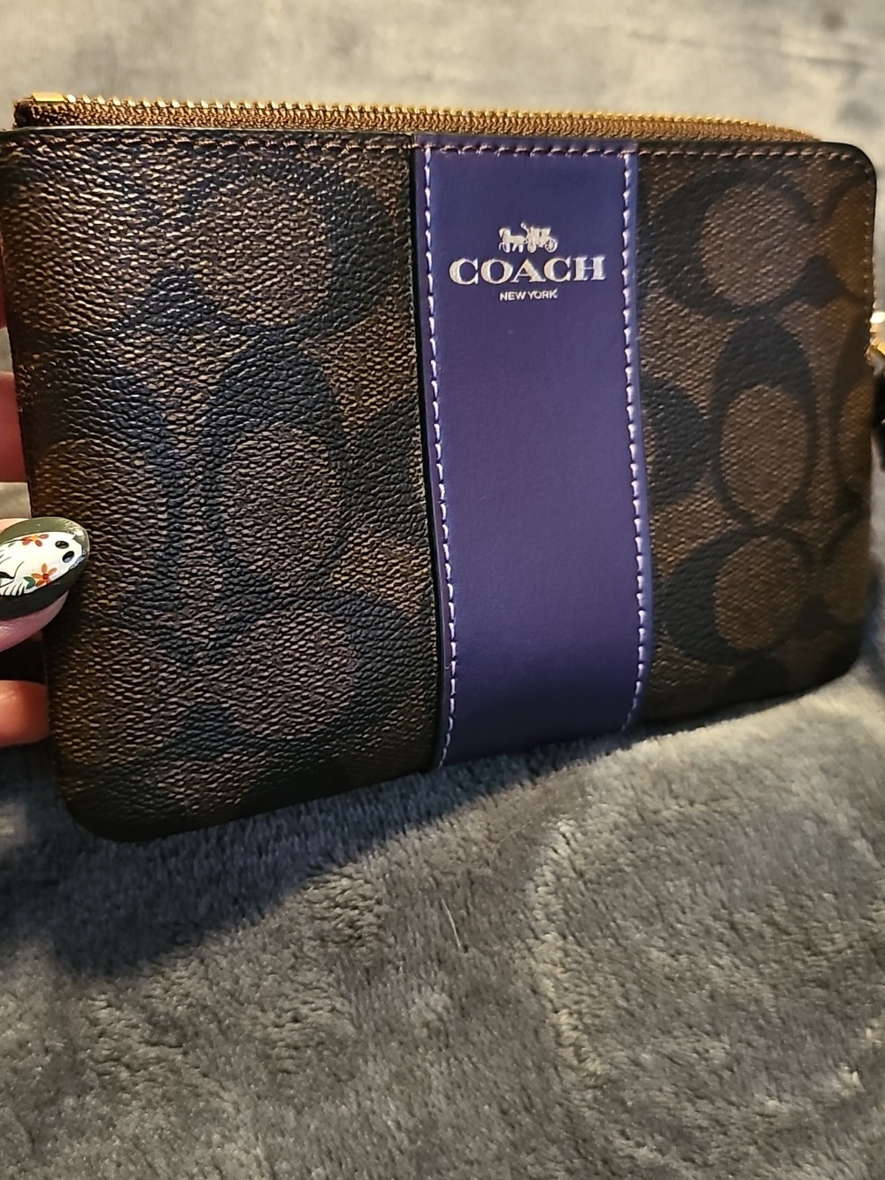 Coach Brown Signature Wristlet with Purple Leather Strip - Picture 3 of 15